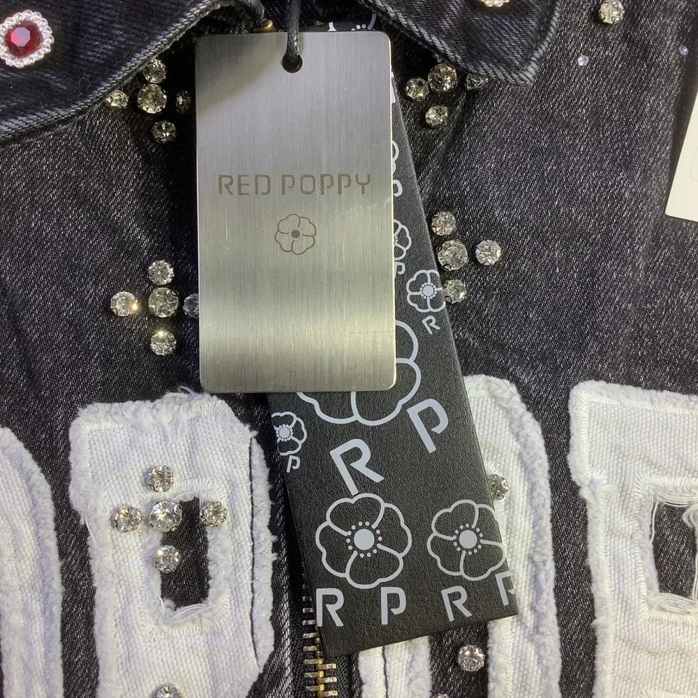 Red‎ Poppy Mens Black Wash Embellished Graphic Denim Jacket Size M NWT